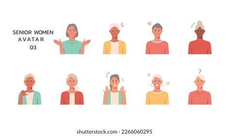 People portraits of older women with negative emotion isolated set, senior female faces avatars, flat vector illustration