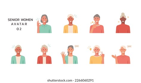 People portraits of older women with positive emotion isolated set, senior female faces avatars, flat vector illustration