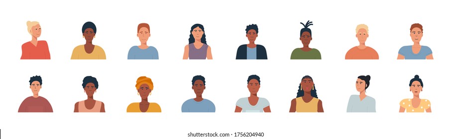 People Portraits Set - Hand Drawn Flat Style Vector Design Concept Illustration Of Young Men And Women, Male And Female Faces And Shoulders Avatars. Flat Style Vector Icons Set. Ethnic Minority, LGTB 