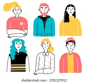 People portraits set. Illustration of men and women, male and female avatars. Vector design of different characters.