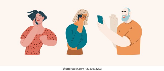 People portraits -Talking on the phone -Modern flat vector concept illustrations of man and women of various races talking on phone, half-length portrait, user avatar. Creative web illustartion set