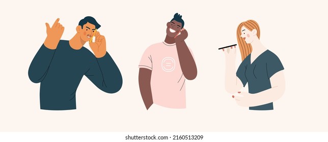 People portraits -Talking on the phone -Modern flat vector concept illustrations of man and women of various races talking on phone, half-length portrait, user avatar. Creative web illustartion set