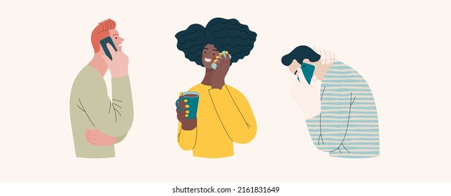 People portraits -Talking on the phone -Modern flat vector concept illustrations of man and women of various races talking on phone, half-length portrait, user avatar. Creative web illustartion set