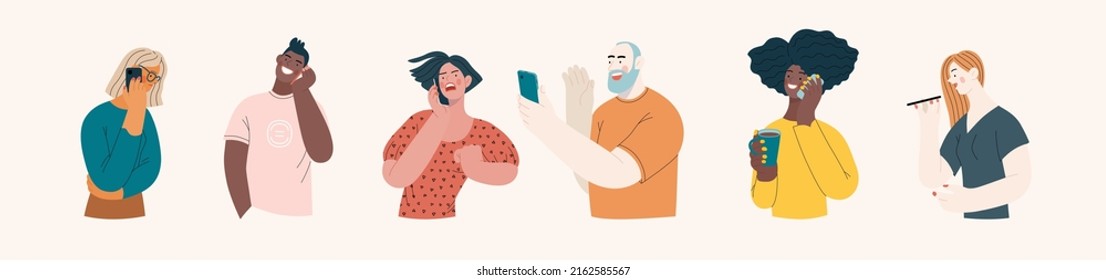 People portraits -Talking on the phone -Modern flat vector concept illustrations of man and women of various races talking on phone, half-length portrait, user avatar. Creative web illustartion set