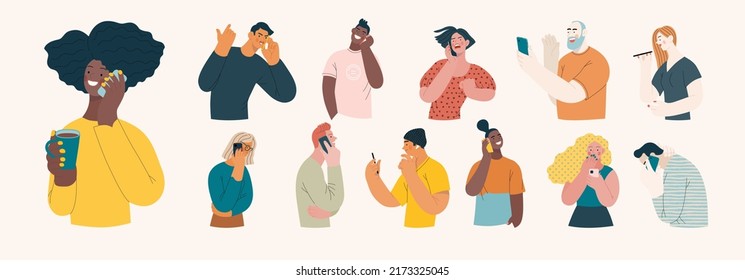 People portraits -Talking on the phone -Modern flat vector concept illustrations of man and women of various races talking on phone, half-length portrait, user avatar. Creative web illustartion set