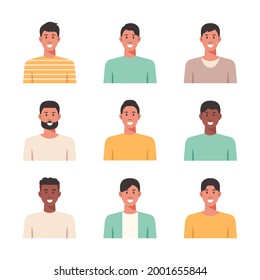 People portraits of young men, male faces avatars isolated icons set, flat style vector design illustration