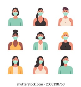 People portraits of young women wearing protective masks, female faces avatars isolated icons set, flat style vector design illustration