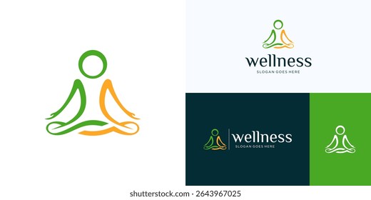 People pose meditation for yoga logo icon design vector illustration element, Symbol zen harmony balance with flowing lines green and orange color usable for health wellness, spa and identity business