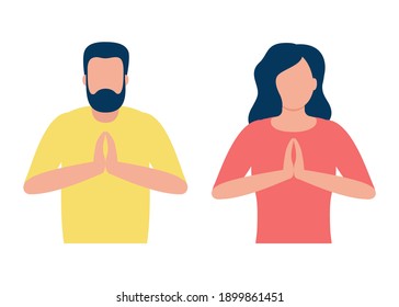 Gente posando yoga, manos con nombre. El hombre y la mujer hacen meditación para beneficiar la salud del cuerpo, la mente y las emociones. Agradable bienestar y tranquilidad. Bienvenido, saludo, por favor, gracias. Vector