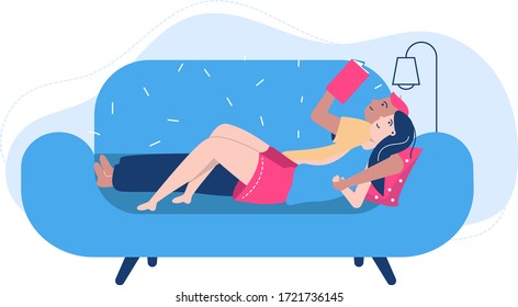 People poses for reading vector illustration. Cartoon flat woman man couple characters lying on sofa, spending time together with interesting book. Love to literature, home activity isolated on white