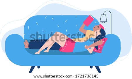 People poses for reading vector illustration. Cartoon flat woman man couple characters lying on sofa, spending time together with interesting book. Love to literature, home activity isolated on white
