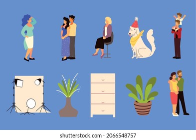 people posing and dog with lights icons
