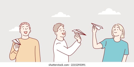 People Posing With Paper Airplane. Hand Drawn Style Vector Design Illustrations.