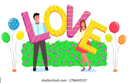 People posing in photozone vector, couple holding inflatable balloon letters saying love. Man and woman outside photoshoot of pair. Boyfriend and girlfriend in relationship, romantic photograph