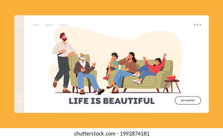 People Positive Emotions and Good Mood Landing Page Template. Happy Family Characters Laughing. Father, Mother, Grandfather and Children Telling Funny Stories, Spend Time. Cartoon Vector Illustration