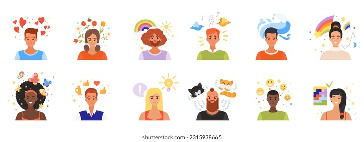 People with positive thinking and feeling set vector illustration. Cartoon isolated man and woman with different emotions and thoughts over head, purr cat and hearts, rainbow and creative ideas