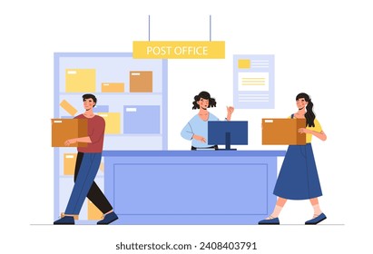 People in post office concept. Man and woman with parcels. Mailing and postal. International friendly and business correspondence. Cartoon flat vector illustration isolated on white background