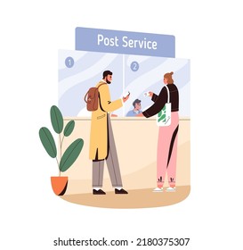 People in post office. Customers and workers behind reception desk in mail service. Client sending letter, receiving parcel at postal counter. Flat vector illustration isolated on white background