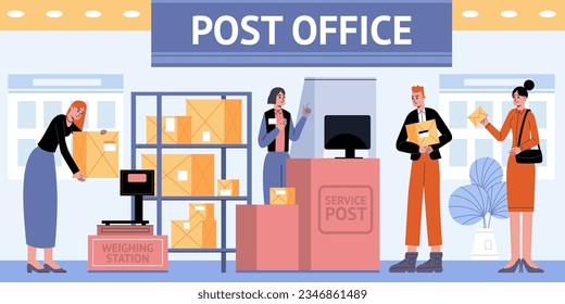 People in post office. Employees and visitors of mail delivery service. Costs calculation. Letters and parcels shipment. Weighing boxes on scales. Postman at counter