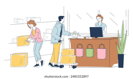 People in post office. Man and woman receive parcels and letters. Retail and marketing. Delivery and postal service, mailing. Linear vector illustration isolated on white background