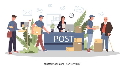 People at post office receiving parcels and mails vector illustration. Couriers delivering correspondence and packages to customers. Mail service office, shipping and delivery department