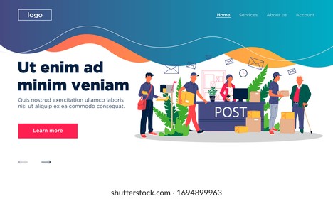 People at post office receiving parcels and mails vector illustration. Couriers delivering correspondence and packages to customers. Mail service office, shipping and delivery department