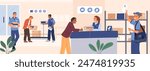People in post office send and receive parcels. Delivery service visitors. Box registration. Postman sorts letters. Postman at counter. Weighing mail on scales. Garish