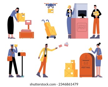 Personas en la oficina de correos. Visitantes y empleados del servicio estatal para enviar cartas o paquetes. Trabajadores uniformados. Envío de sobres. Entrega urgente por correspondencia