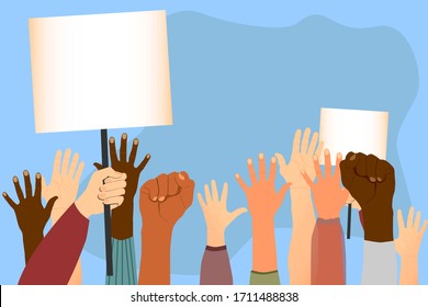 Gente con afiches. Manos. Manifestación.Protesta.Apoyo.