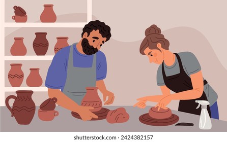 People in pottery workshop. Professional ceramists making pots out of clay. Creativity and hobbies. Handmade ceramic jugs. Earthenware sculpting and decorating. Garish