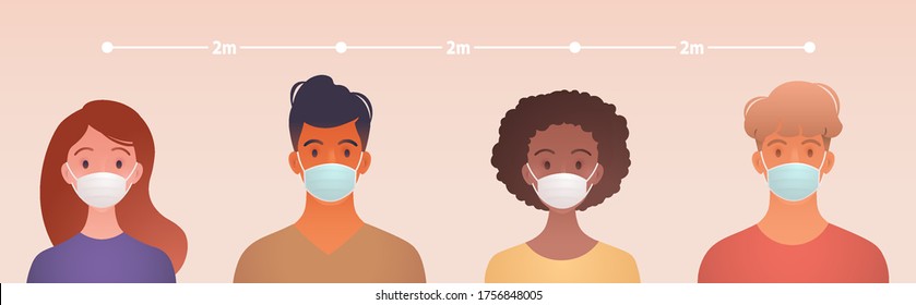 Die Leute praktizieren soziale Distanzierung, neues normales Konzept. Menschen mit unterschiedlichen Rennen, die Masken tragen und 2 Meter voneinander entfernt sind. Konzeptionelle Vektorgrafik.