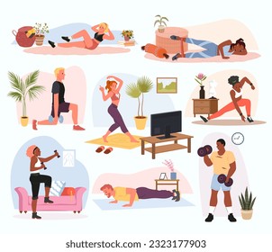 La gente practica ejercicios deportivos en la ilustración vectorial establecida en casa. Caricatura de personajes jóvenes de ambos sexos entrenando en sala de estar, en cuclillas activas saludables, en tablas y en pipetas de los atletas en el interior