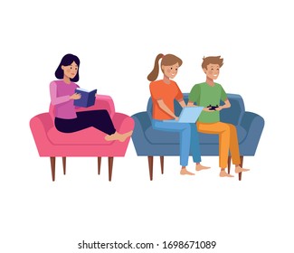 people practicing activities in living room vector illustration design