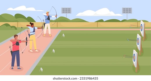 people practicing archery. cartoon female flat male characters, archery athletes compete, shooting targets with bows, archery competition. vector illustration