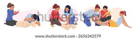 People practicing CPR and first aid techniques with training mannequins, flat graphic style, isolated on white background. Concept of emergency medical education. Flat vector illustration