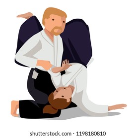 People are practicing, defending skills in hakama. Colorful vector flat illustration. Suitable for oriental martial arts such as aikido, judo, karate, jiu-jitsu, budo