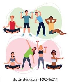 people practicing exercise athletes characters vector illustration design