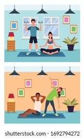 people practicing exercise in the house vector illustration design