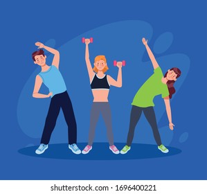 people practicing exercise in the house vector illustration design
