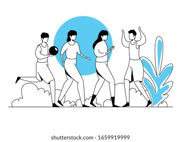 people practicing exercise in park landscape vector illustration design