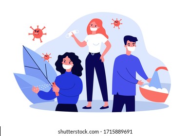 People practicing hygiene for protection from coronavirus. Men and women wearing face masks, washing and sanitizing hands. Vector illustration for coronavirus, disease prevention, guide concept