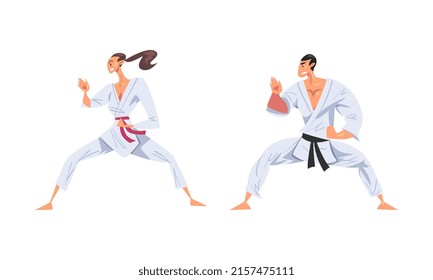 People practicing karate martial arts set cartoon vector illustration