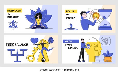 People practicing mindfulness and maintain balance. Concept of mindfulness, awareness, relaxation, focusing, self-development, releasing stress. Meditation, controlling mind. Vector illustration