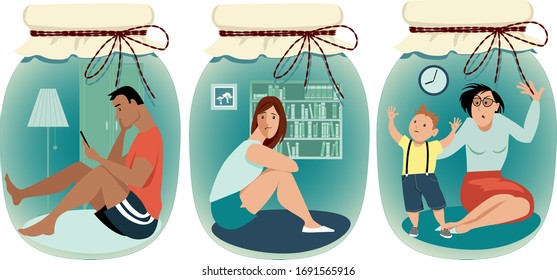 People practicing social distancing sitting home in a jars, EPS 8 vector illustration