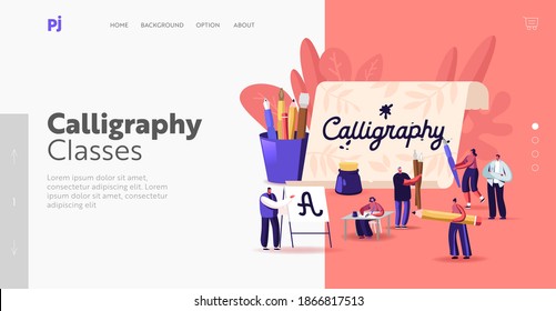 People Practicing in Spelling Lettering and Calligraphy Landing Page Template. Characters Writing Letters, Script, Creative Hobby. Woman Sitting at Table with Pen in Hand. Cartoon Vector Illustration