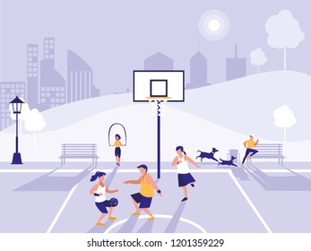 people practicing sport in basketball field