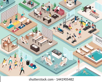 People practicing sports and fitness, relaxation and beauty treatments at the spa: wellness and healthy lifestyle concept, isometric vector interiors