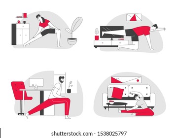 People Practicing Stretching at Home Set. Fitted Men and Women Doing Gymnastics Exercises for Healthy Body on Domestic Interior Background. Sports Lifestyle. Cartoon Flat Vector Illustration, Line Art