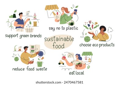 People practicing sustainable food habits, illustrations set. Buying eco-friendly products at the supermarket, local farmers market. Using reusable bags, living zero waste, eating green natural foods