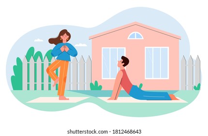 People practicing yoga activity flat vector illustration. Cartoon young active couple characters training, doing yoga asana, fitness exercises, yoga practice in summer garden nature isolated on white